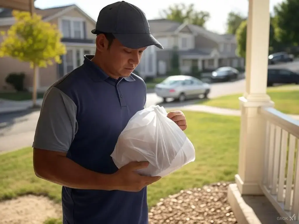 An Ubereats delivery driver delivering food to an ubereats customers house